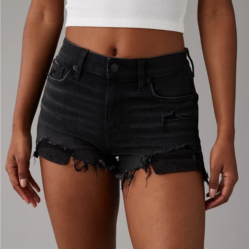 American Eagle next level high waisted black distressed denim short shorts